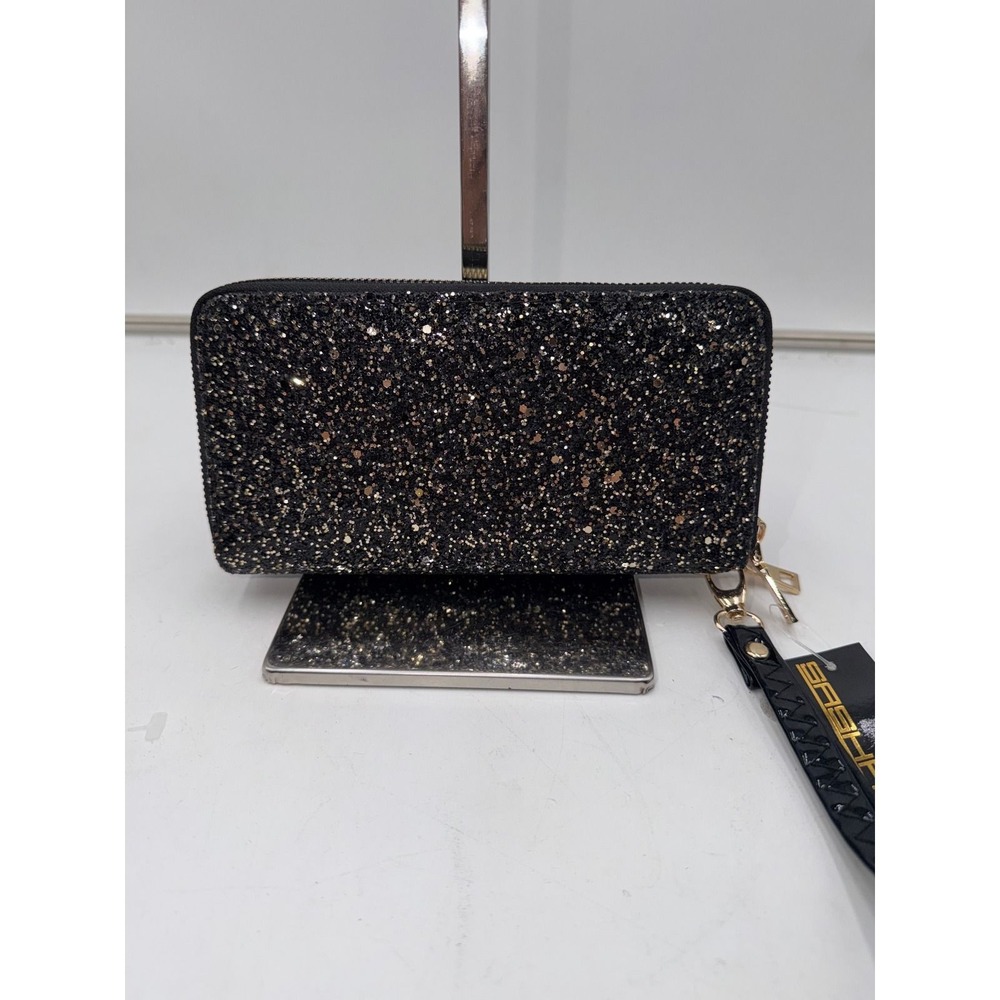 Sasha Handbags Black Gold Glitter Double Zip Wristlet Wallet Cell Phone Holder